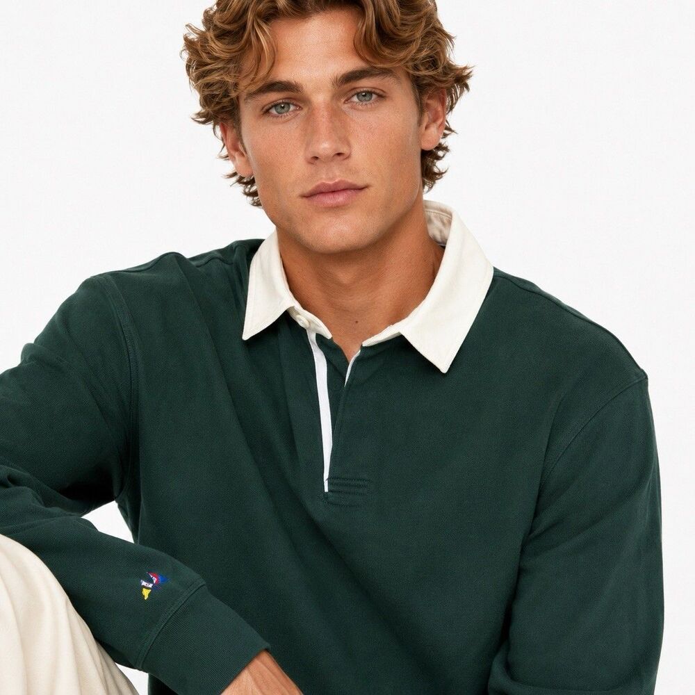 J.Crew Rugby Shirt Mens XL Tall Green Contrast Collar Striped Placket Preppy